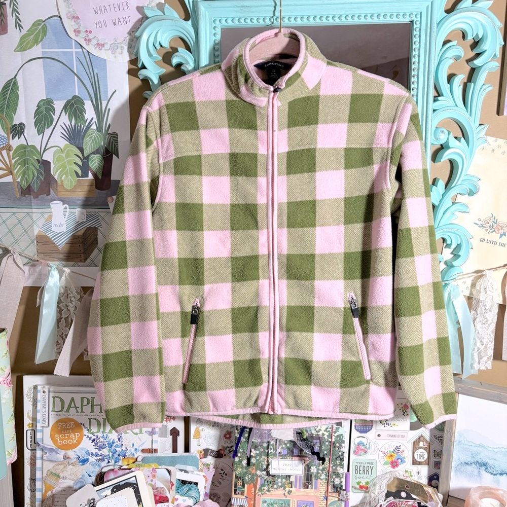 Lands’ End Plaid Check Girl’s Pink & Green Zip-Up Fleece Jacket Size 10 12 Fall